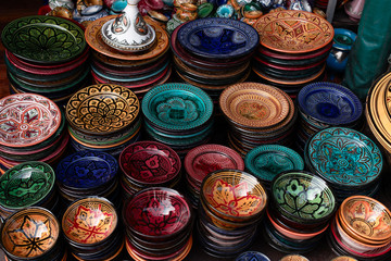decorated plates and traditional morocco souvenirs in medina so