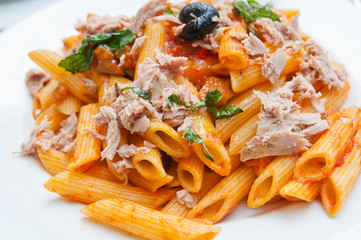 close-up of plate of pasta and smoked salmon