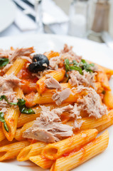close-up of plate of pasta and smoked salmon