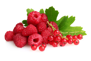 fresh raspberries and leaves isolated on white