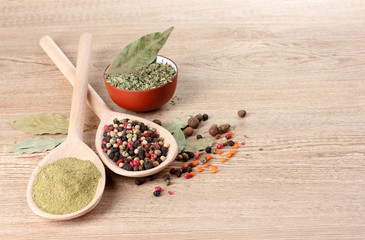 spices in the spoons on wooden background