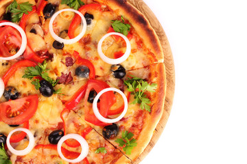 pizza on a wooden stand isolated on white