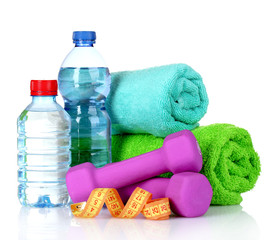 towel, dumbbells and water bottle isolated on white