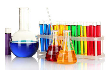 test tubes with colorful liquids isolated on white