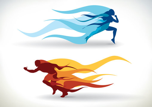 Female and male silhouette running in flames