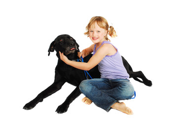 Little girl training  her dog