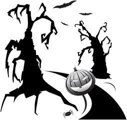 trees, hallowen pumpkin and bats
