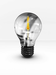 Lightbulb with a lighted match inside. 3D image