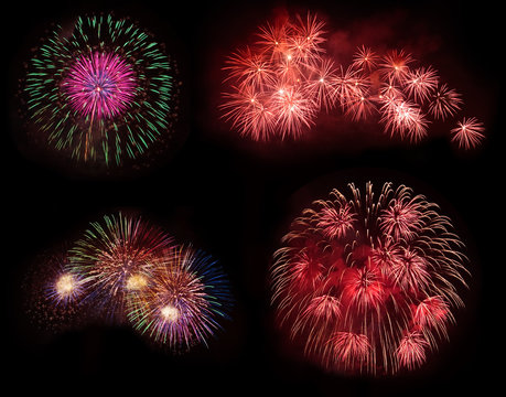 Multiple colorful fireworks isolated on black background