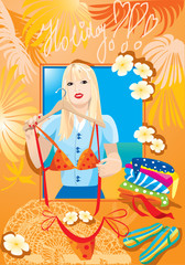 blondy girl try on bikini and dreaming about vacation  holiday