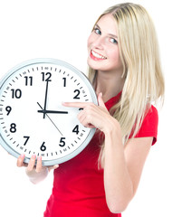 Junge Frau mit der Uhr. Zeit Management Konzept. Time