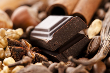 chocolate with coffee beans, spices and nuts