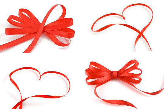 red heart and ribbon bow isolated on white background