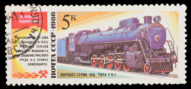 USSR, shows steam locomotive series FD 1-5-1, circa 1986