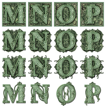 Alphabet M to P Created From Parts Of The Dollar Bill