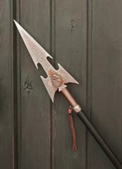 Sharp metal spear with eagle against wood planks - obrazy, fototapety, plakaty