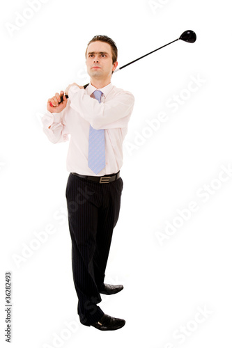 Young Business Man Swinging A Golf Club Isolated Over White
