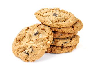 Large chocolate chip cookies on white