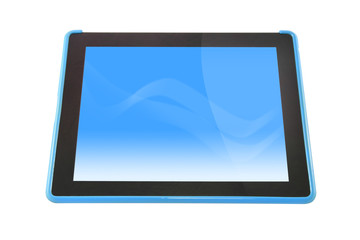 Tablet computer device blue screen on white background.