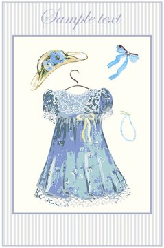 Greeting card with a dress, hat , bow and a beads