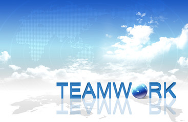 Hand and word Teamwork, business concept,  on map background