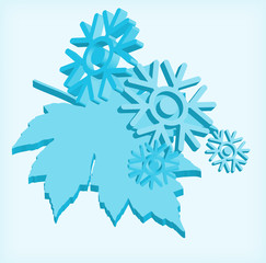 Abstract illustration with sheet of a maple and snowflakes