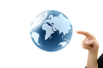 concept hand pointing earth globe.