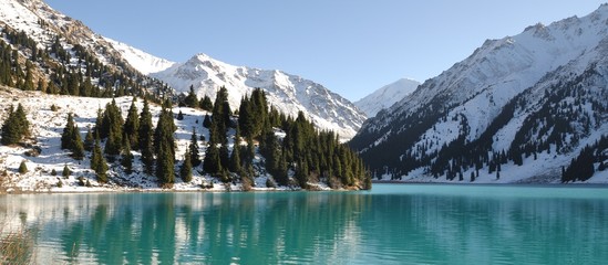 Scenic Big Almaty Lake Kazakhstan - obrazy, fototapety, plakaty
