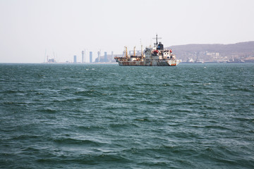 Vladivostok, kind the ship and bridge building on island Russian