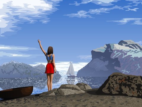 The girl on the shore. Vector illustration.