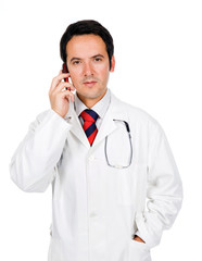 young doctor talking on the phone against white background