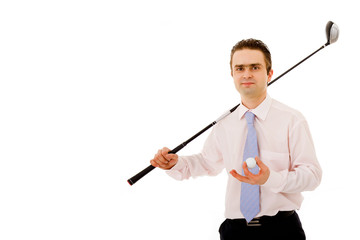 Young businessman with golf club and ball isolated on white
