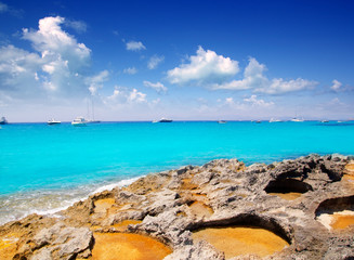 Rocky shore of formentera turquoise sea