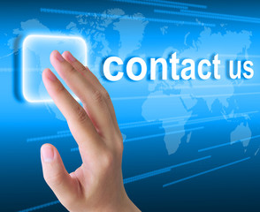 hand pushing contact us button on a touch screen interface