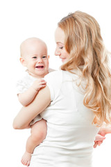 Happy young mother and baby in her hands