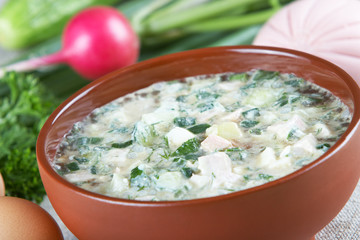 Cold vegetable soup with kvas and mayonnaise