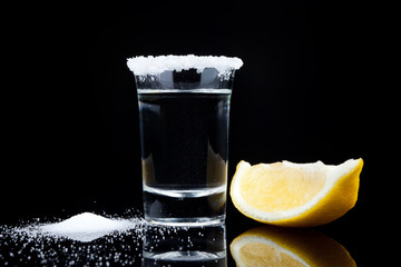 tequila shot, with lemon and salt