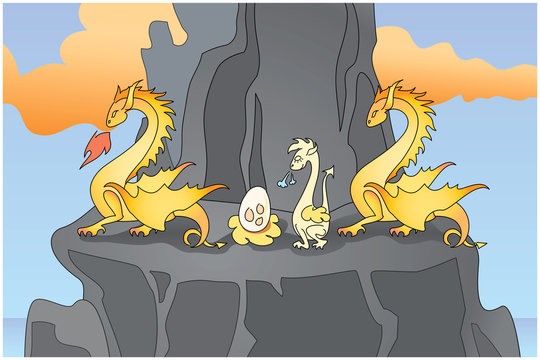 Family of yellow dragons on a rock 1