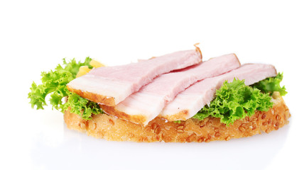 tasty sandwich with vegetables and ham isolated on white