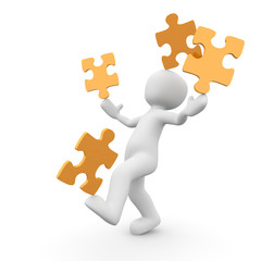 3d Charakter spielt mit Puzzel