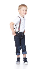 Young football player with ball over white  background