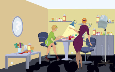 Beauty salon  client in green dress is getting manicure