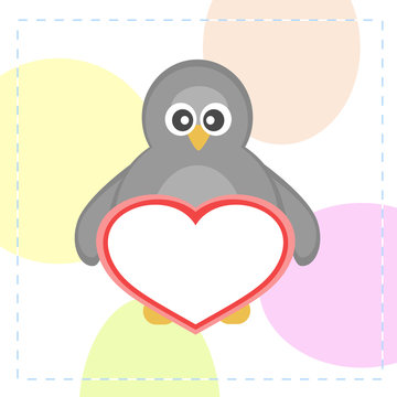 cute vector penguins holding love heart card