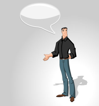 Cartoon man wearing black shirt talking with speech balloon