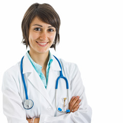 Friendly female doctor portrait. Isolated on white.