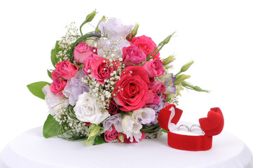 Bridal bouquet and wedding rings