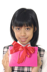 Close up asian little girl holding gift box