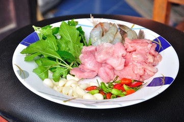 Ingredient for stir fried spicy pork, chicken, shrimp with basil