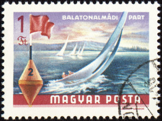 Yacht at Balaton lake on post stamp