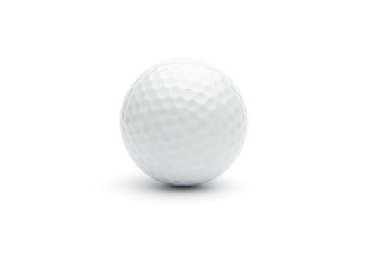 Close up of a golf ball on white background